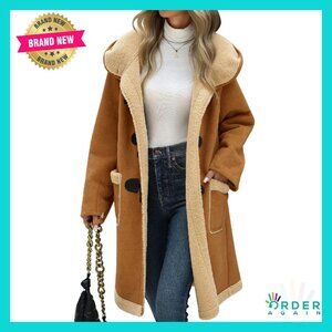 Faux Suede Sherpa Fleece Lined Oversized Hooded Toggle Duffle Coat Winter Jacket